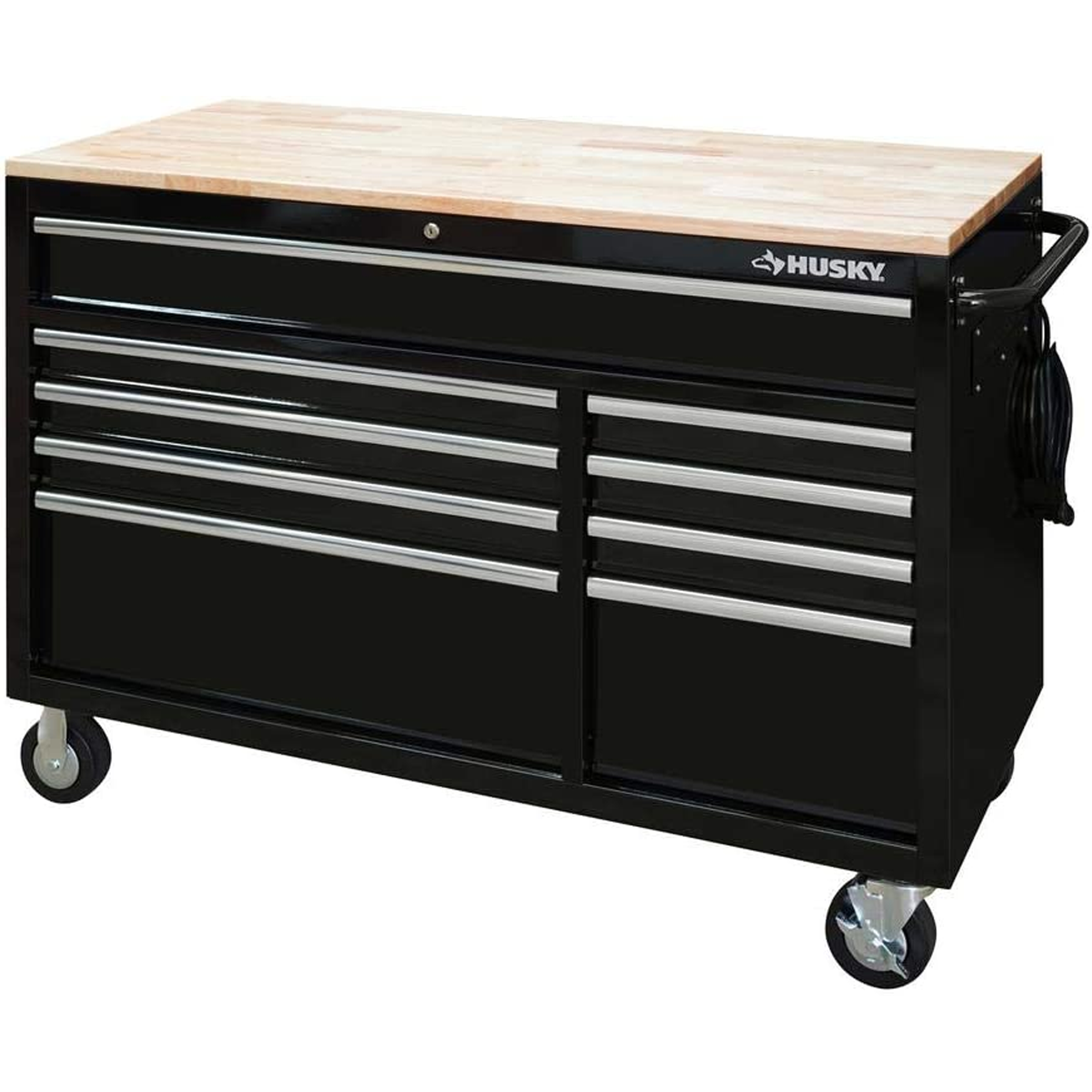 HuskyTool 46 in. W x 24.5 in. D 9-Drawer Gloss Black Deep Tool Chest Mobile Workbench with Hardwood Top and Power Station, Red, (H46MWC9V2PWR)