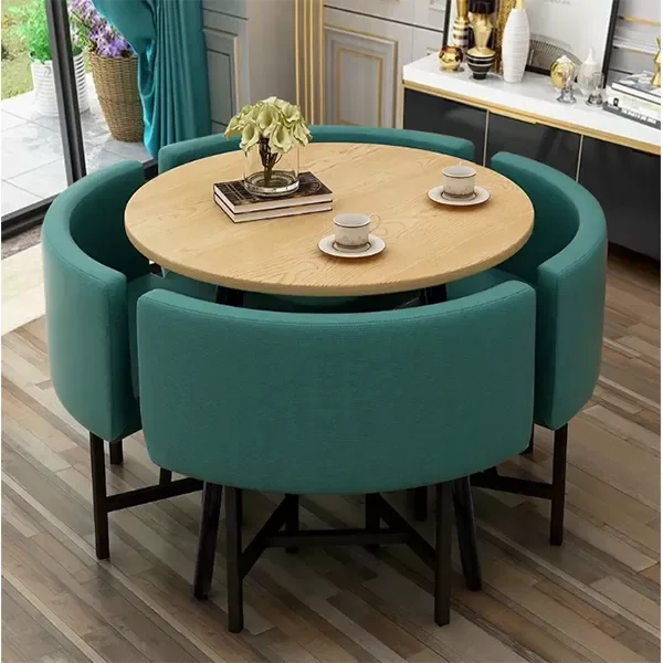 【Furniture】【BS】Small Round Wooden Dining Table Set with 4 Upholstered Chairs for Corner Balcony