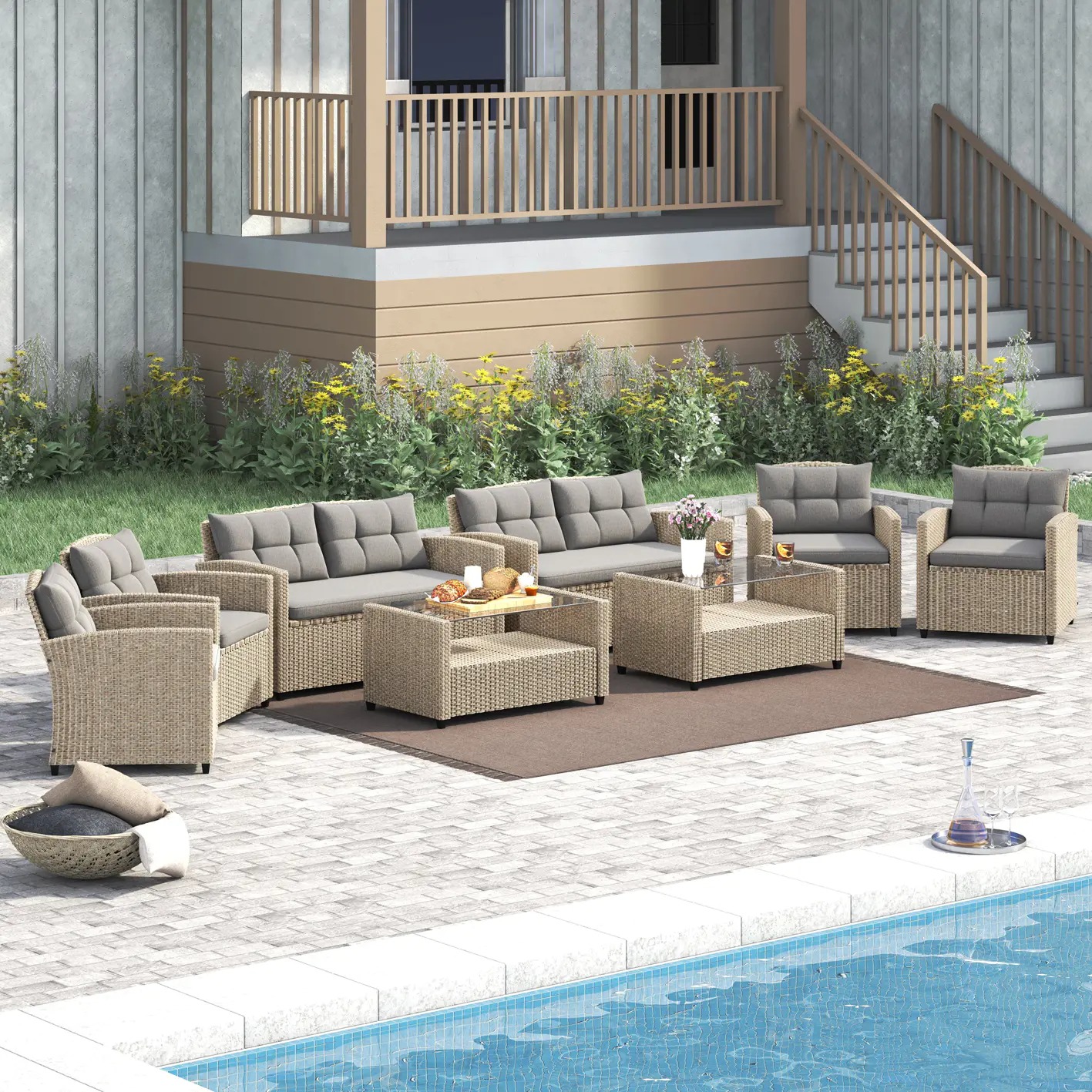 【Furniture】【BS】Corvus Armitage 8-piece Outdoor Wicker Sofa Set with Cushions - Light Grey