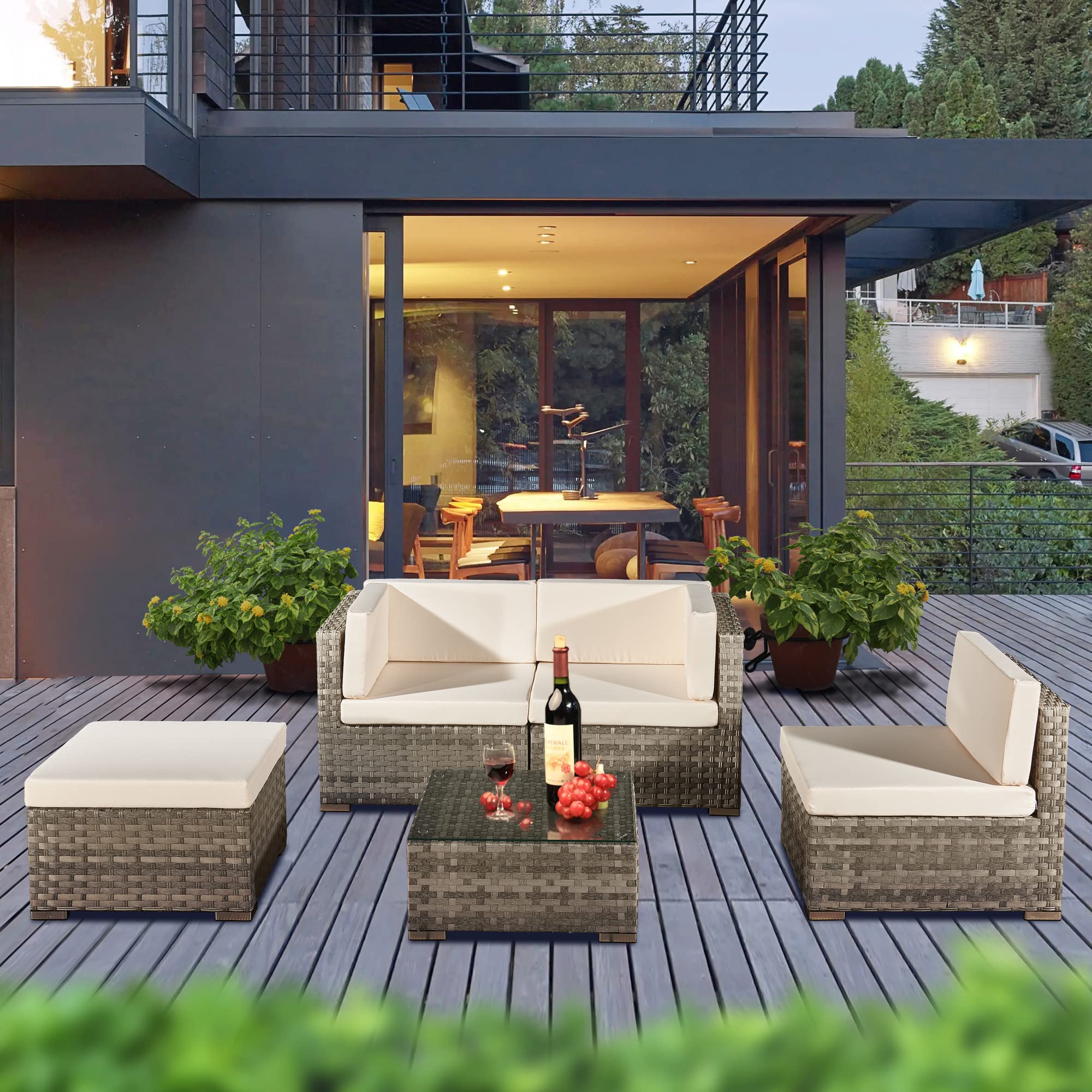 ASOWNSUN Rattan Garden Furniture Sets 4 Seater Patio Sofas with Coffee Table, Cushions, All-weather Outdoor Corner Sofa Patio Conversation Sets,Outdoor Furniture Sets Table Sofa Chair