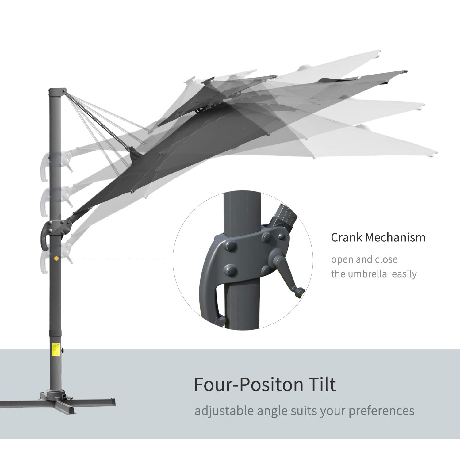 Outsunny 3(m) Cantilever Roma Parasol with LED Solar Lights, Crank & Tilt, Aluminium Frame, Cross Base and Adjustable Canopy 360° Rotating Sun Umbrella with 2-Tier Shade