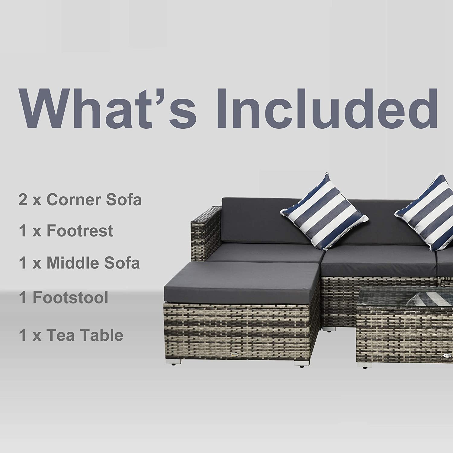 Outsunny 5PC Rattan Furniture Set Garden Outdoor Sectional Sofa Coffee Table Combo Patio Furniture Metal Frame w/Cushion Pillows Grey