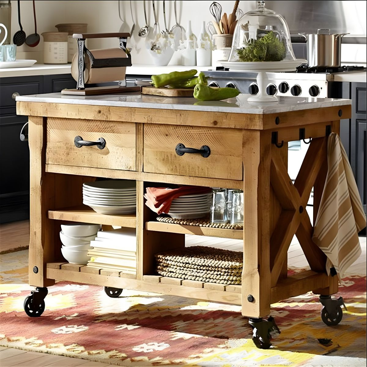 Modern Style Rolling Kitchen Cart Wood Rectangular Kitchen Island Cart with Towel Rack - 31