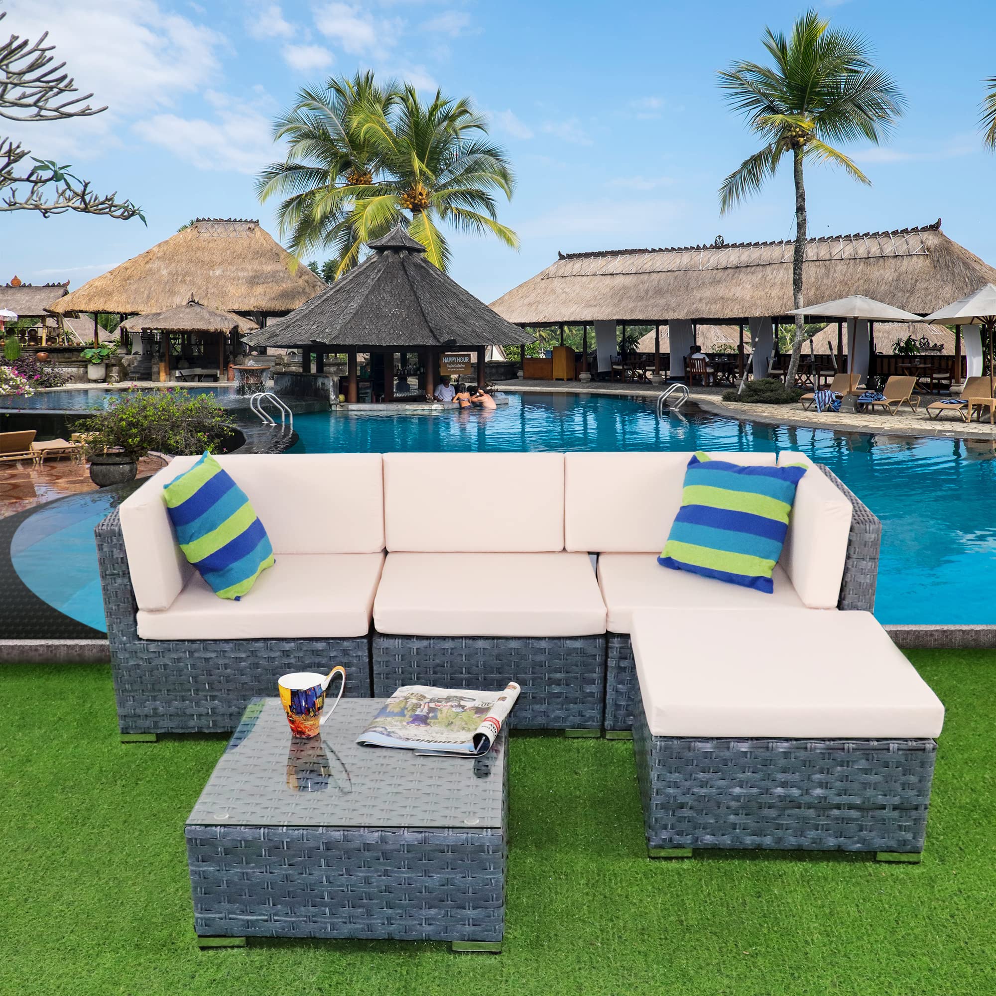 ASOWNSUN Rattan Garden Furniture Sets 4 Seater Patio Sofas with Coffee Table, Cushions, All-weather Outdoor Corner Sofa Patio Conversation Sets,Outdoor Furniture Sets Table Sofa Chair