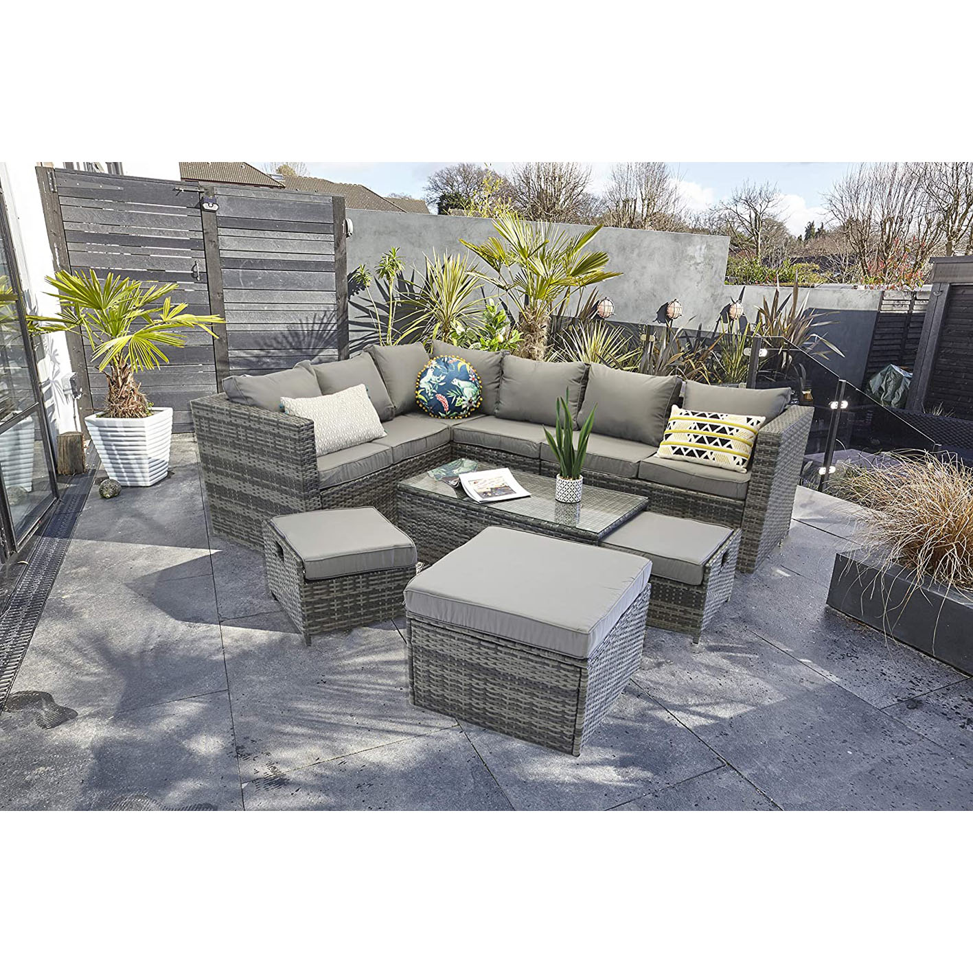 YAKOE VANCOUVER 9 SEATER CORNER RATTAN GARDEN SET IN GREY WITH FITTING COVER