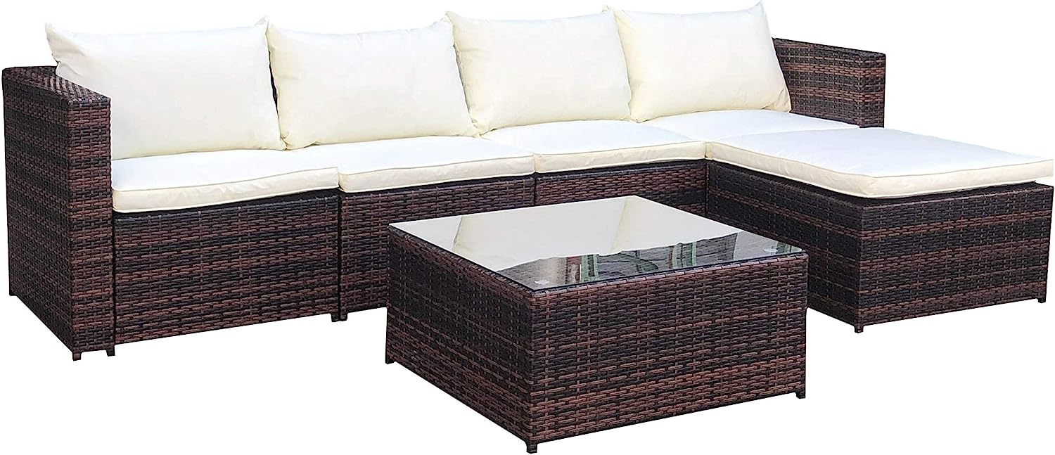 EVRE Rattan Outdoor Garden Furniture Set Miami Sofa Coffee Table, Foot Stool Rattan