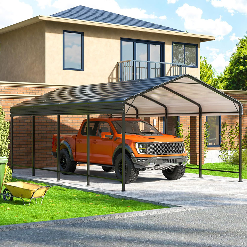 Metal Carport with Reinforced Base, Outdoor Heavy Duty Garage Galvanized Carport for Pickup Trucks, Boats, Cars and Tractors